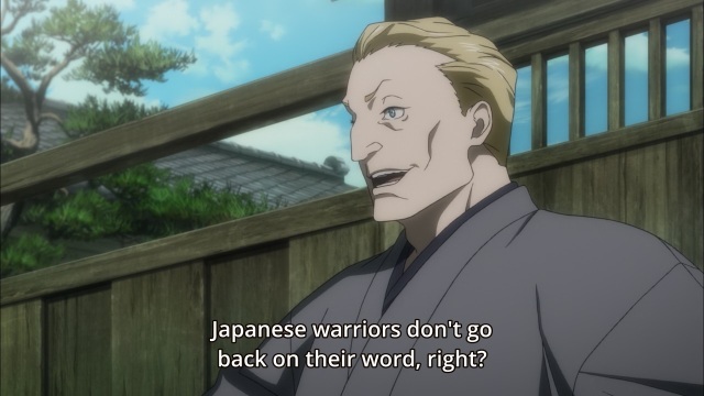 Joker Game anime episode 1 notes - The westerner speaks of Japanese warriors' honour